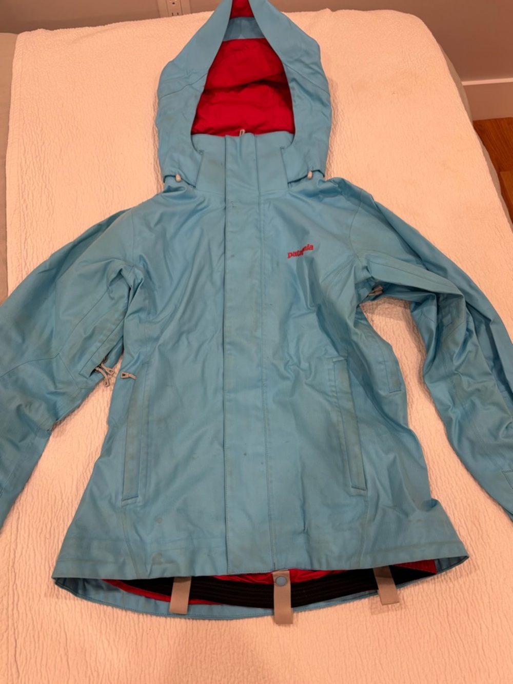 Patagonia Women's Light Blue Hooded Ski Jacket with Red Lining